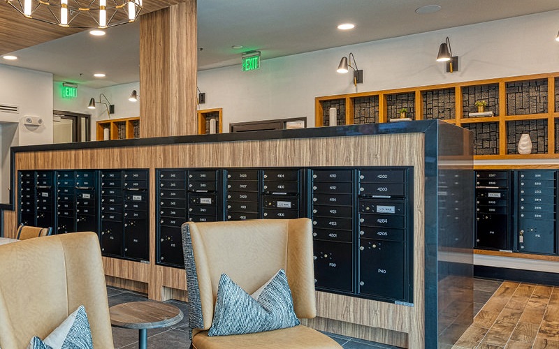 Resident mail room with spacious lounging